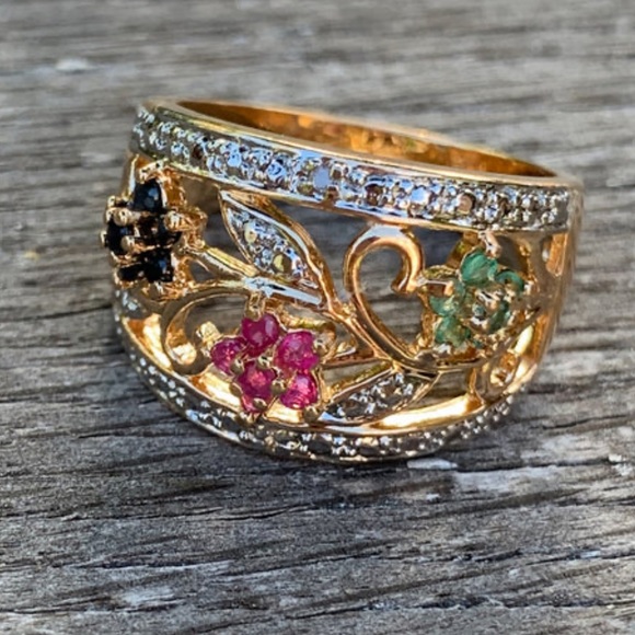 Vintage 925 Sterling Silver Gold Plated Flower Vine Ring - Picture 1 of 9